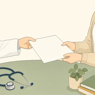 医師から患者へ書類を手渡すイラスト